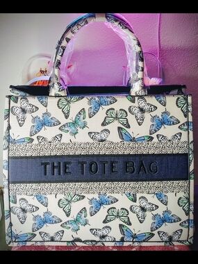 Butterfly Print Tote Bag in Cream and Blue